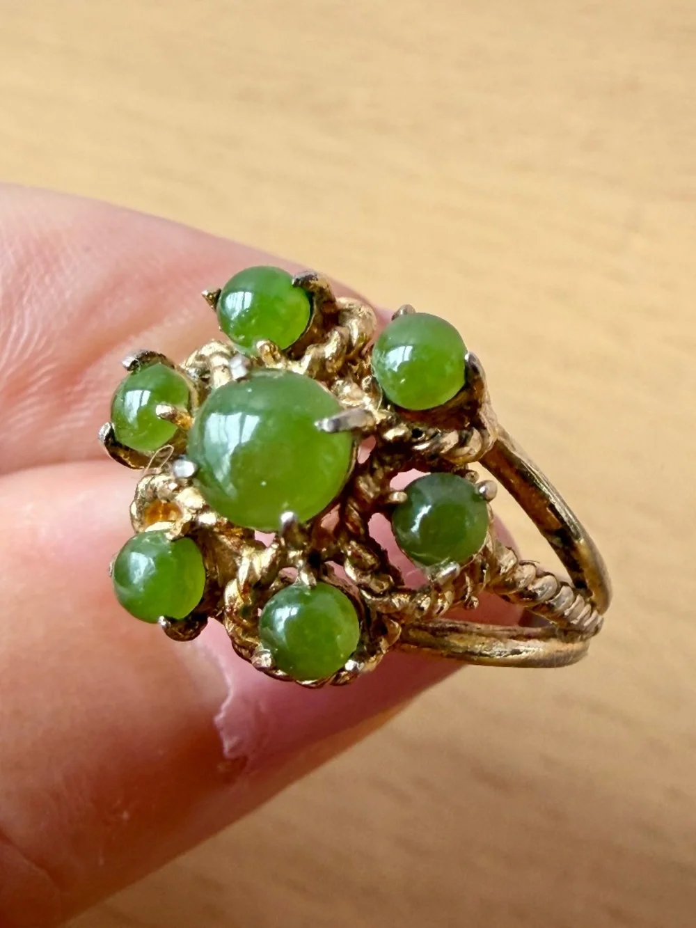 Vintage Nephrite Jade Cabochons Cluster Flower Ring Gilded 925 Sterling Silver